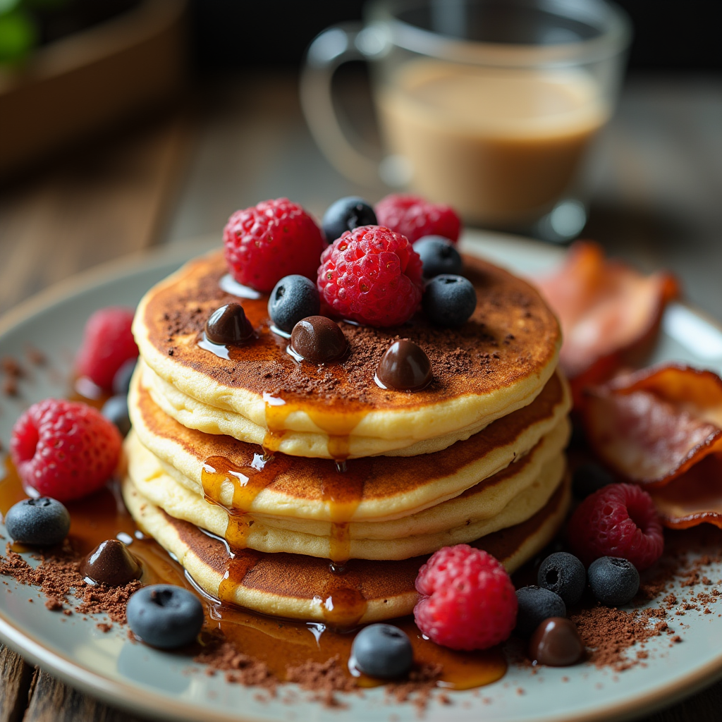 Stack of pancakes topped with berries, syrup, and butter served with bacon