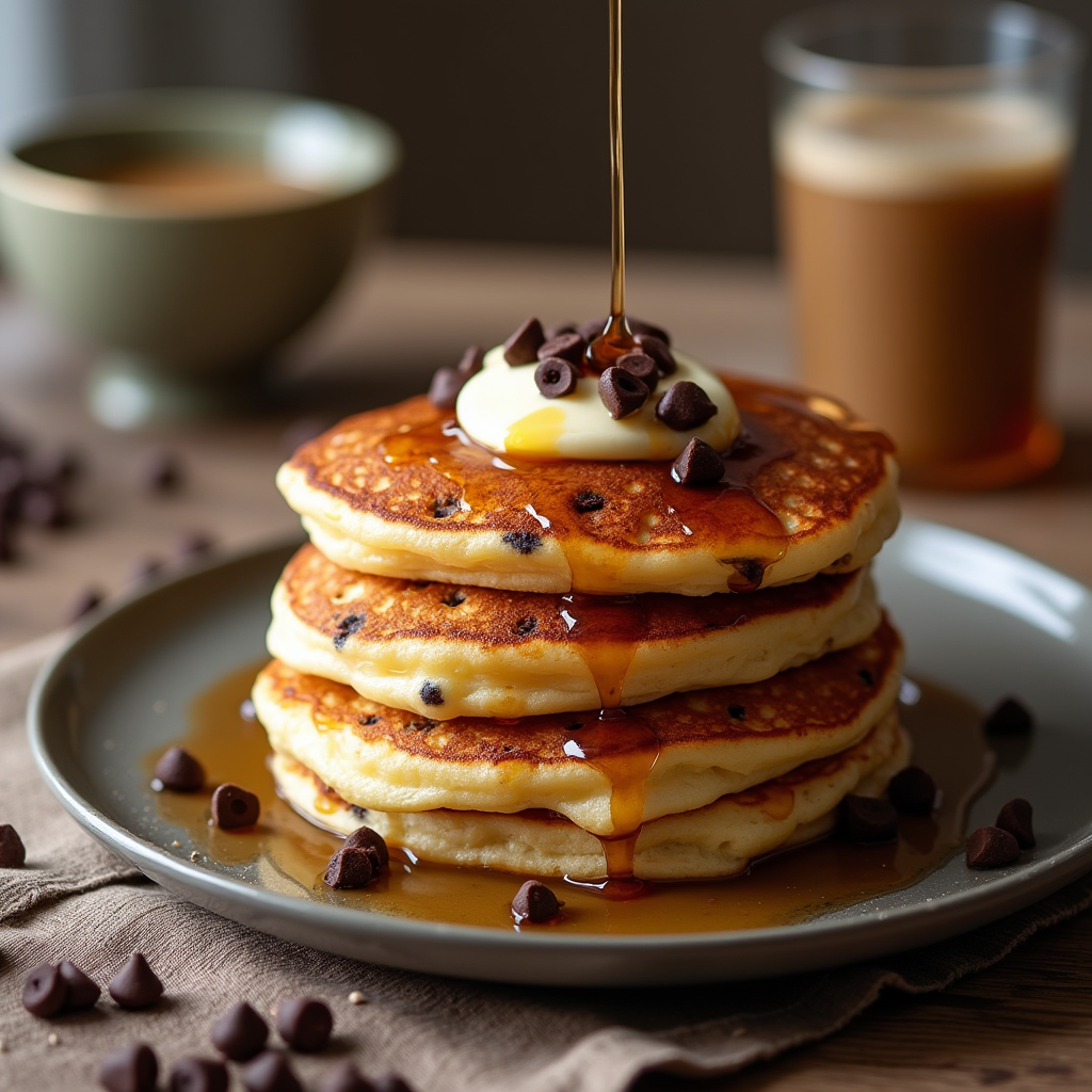 Stack of fluffy pancakes with maple syrup on a rustic plate