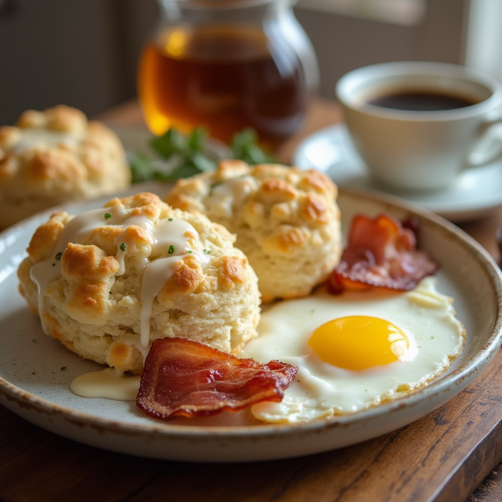 Plate of homemade biscuits served with butter and bacon for breakfast