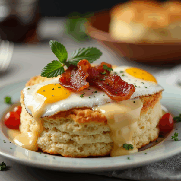 Gourmet biscuit topped with egg, bacon, and creamy sauce on a white plate