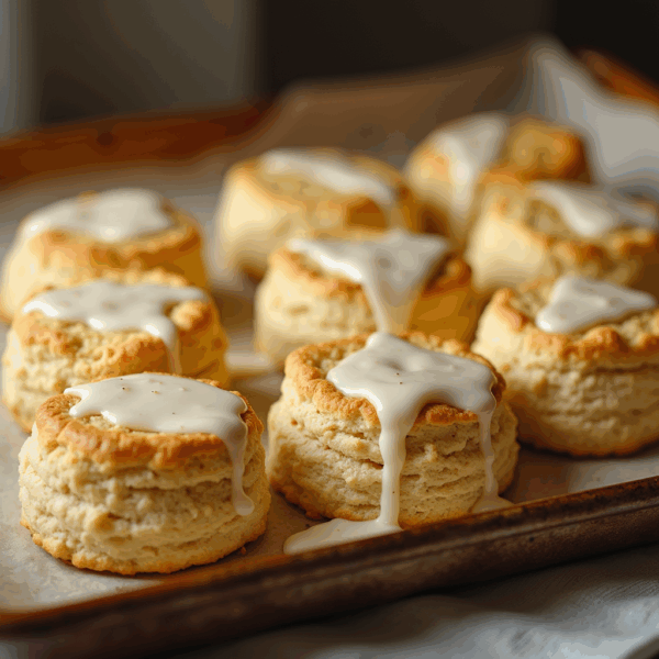 Freshly baked golden-brown biscuits on a baking tray