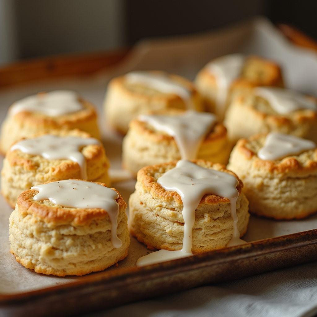 Freshly baked golden-brown biscuits on a baking tray