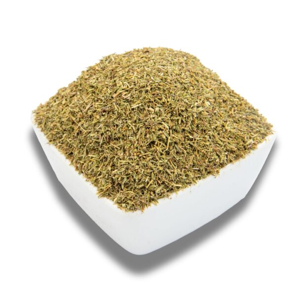 A white bowl filled with dried thyme leaves, showcasing their fine texture and natural greenish-brown color.