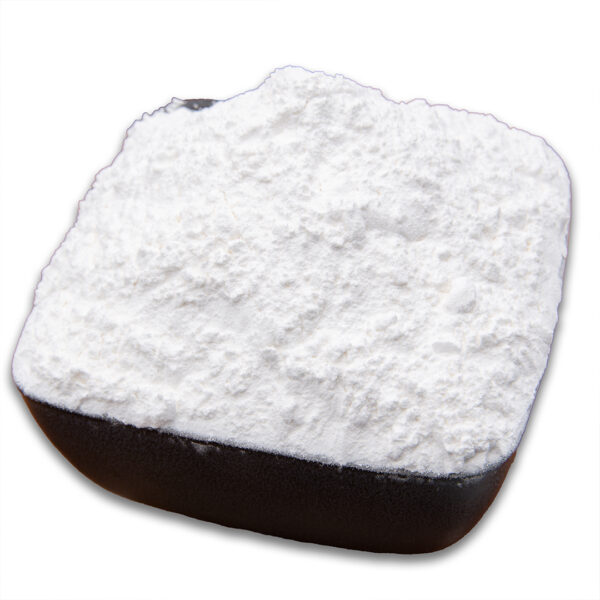 A white bowl holds a mound of corn starch, its pure white color and fine, powdery texture evident.