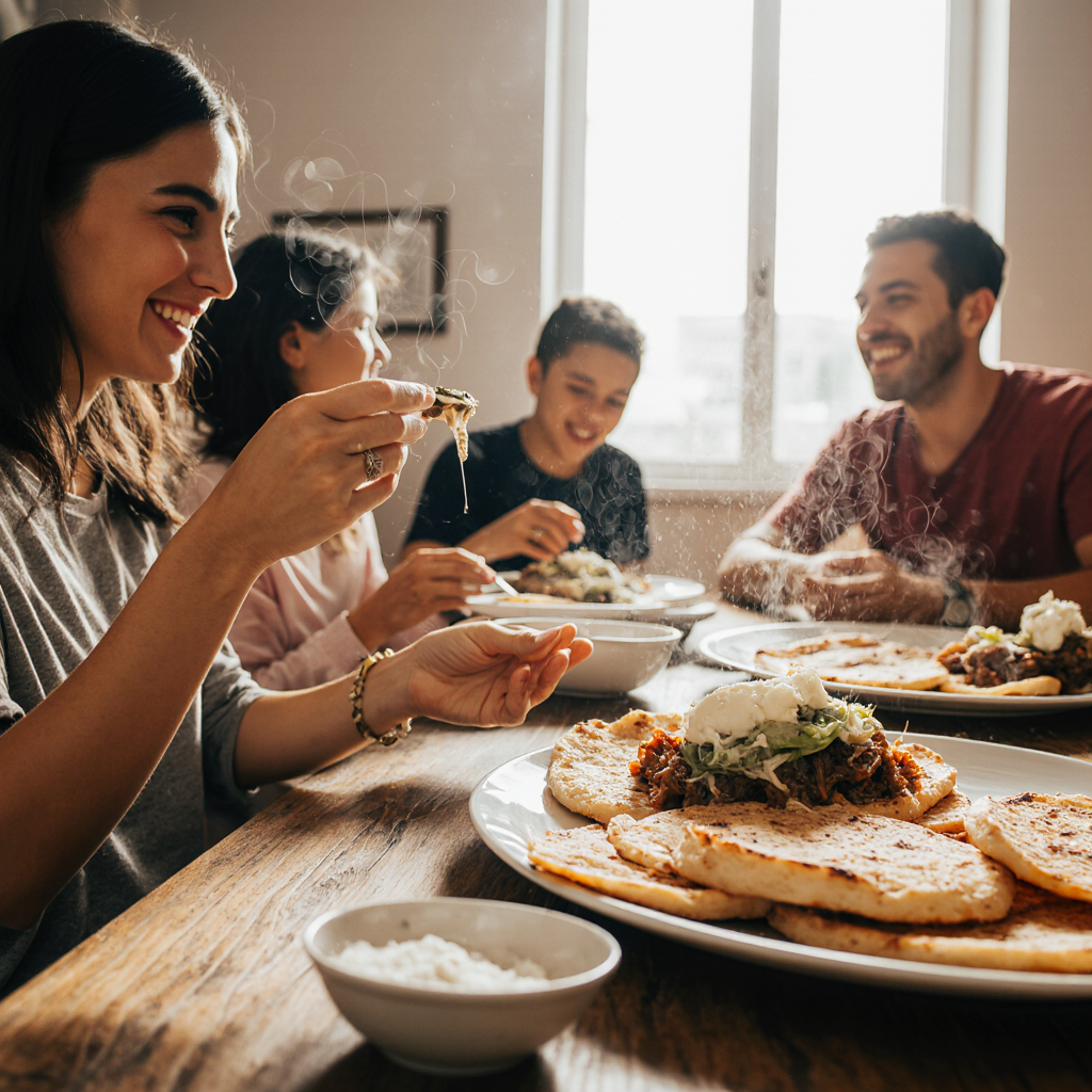 Bright cozy kitchen scene with a family enjoying Colombian food around a wooden dining table