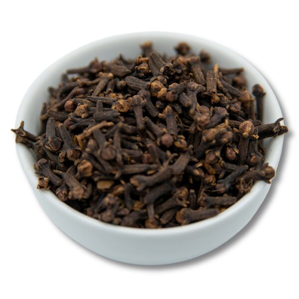 A white bowl filled with whole dried cloves, used as a spice in cooking and baking.