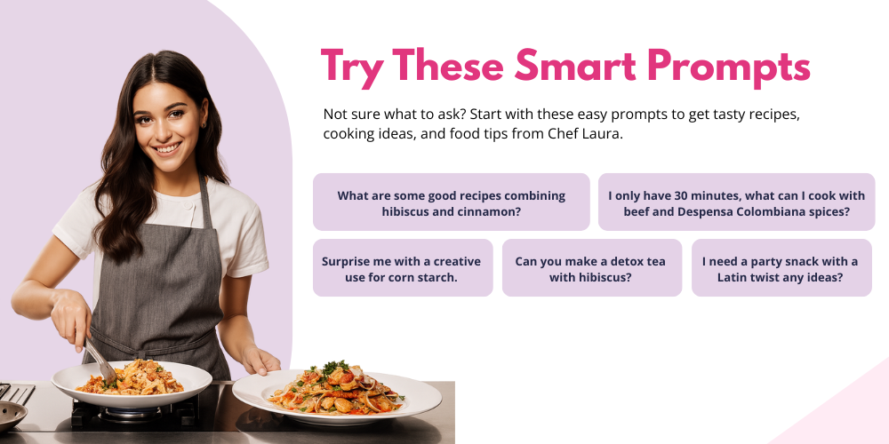 Woman introducing AI cooking assistant Chef Laura with sample prompts to generate recipes.