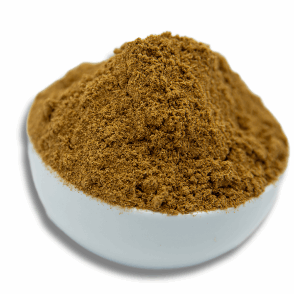 A white bowl filled with ground cumin, showcasing its fine texture and warm brown color.